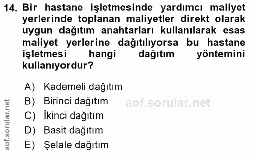 14. soru: Bir hastane işletmesinde yardımcı maliyet yerlerinde toplanan maliyetler direkt olarak uygun dağıtım anahtarları kull…