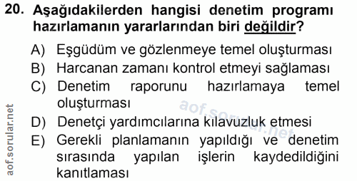 20. soru: Aşağıdakilerden hangisi denetim programı hazırlamanın yararlarından biri değildir? A) Eşgüdüm ve gözlenmeye temel olu…