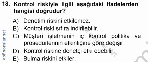 18. soru: Kontrol riskiyle ilgili aşağıdaki ifadelerden hangisi doğrudur? A) Denetim riskini etkilemez. B) Kontrol riski sıfira…