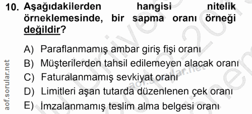 10. soru: Aşağıdakilerden hangisi nitelik örneklemesinde, bir sapma oranı örneği değildir? A) Paralanmamış ambar giriş fişi ora…