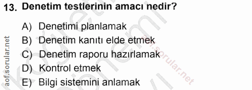 13. soru: Denetim testlerinin amacı nedir? A) Denetimi planlamak B) Denetim kanıtı elde etmek D) Kontrol etmek E) Bilgi sistemi…