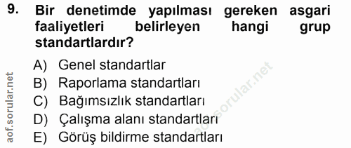 9. soru: Bir denetimde yapılması gereken asgari faaliyetleri belirleyen hangi grup standartlardır? A) Genel standartlar B) Rap…