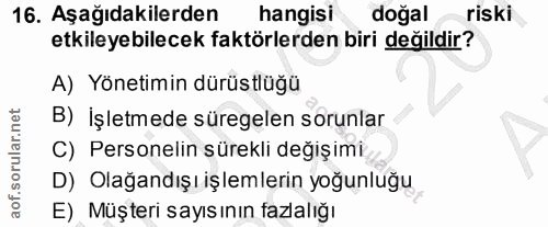 16. soru: Aşağıdakilerden hangisi doğal riski etkileyebilecek faktörlerden biri değildir? A) Yönetimin dürüstlüğü B) İşletmede…