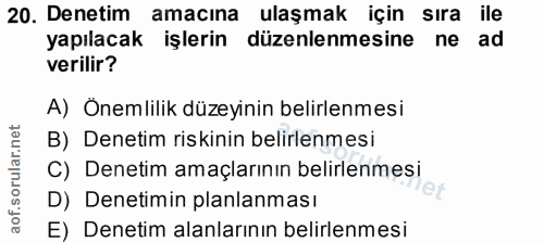 20. soru: Denetim amacına ulaşmak için sıra ile yapılacak işlerin düzenlenmesine ne ad verilir? A) Önemlilik düzeyinin belirlen…