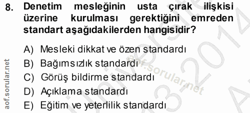 8. soru: Denetim mesleğinin usta çırak ilişkisi üzerine kurulması gerektigini emreden standart aşağıdakilerden hangisidir? A)…