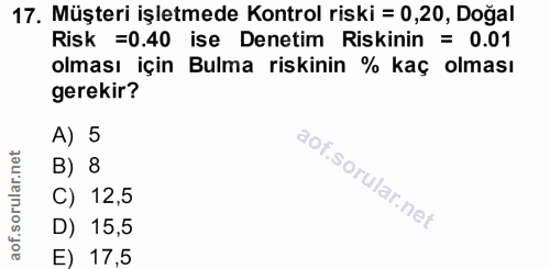 17. soru: Müşteri işletmede Kontrol riski = 0,20, Doğal Risk =0.40 ise Denetim Riskinin = 0.01 olması için Bulma riskinin % kaç…