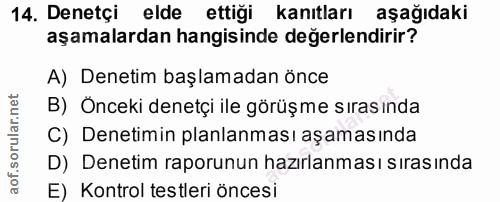 14. soru: Denetçi elde ettiği kanıtları aşağıdaki aşamalardan hangisinde değerlendirir? A) Denetim başlamadan önce B) Önceki de…