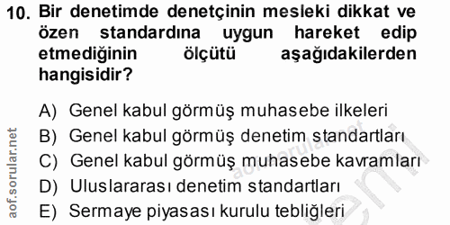 10. soru: Bir denetimde denetçinin mesleki dikkat ve özen standardına uygun hareket edip etmediğinin ölçütü aşağıdakilerden han…