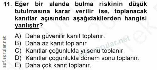11. soru: Eğer bir alanda bulma riskinin düşük tutulmasına karar verilir ise, toplanacak kanıtlar açısından aşağıdakilerden han…
