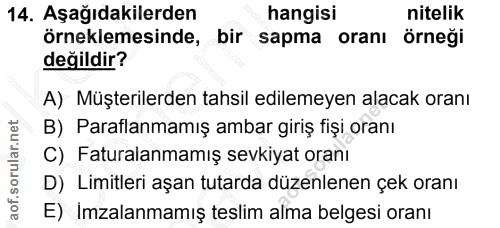 14. soru: Aşağıdakilerden hangisi nitelik örneklemesinde, bir sapma oranı örneği değildir? A) Müşterilerden tahsil edilemeyen a…