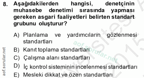 8. soru: Aşağıdakilerden hangisi, denetçinin muhasebe denetimi sırasında yapması gereken asgari faaliyetleri belirten standart…