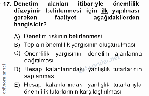 17. soru: Denetim alanları itibariyle önemlilik düzeyinin belirlenmesi için ilk yapılması gereken faaliyet aşağıdakilerden hang…