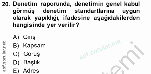 20. soru: Denetim raporunda, denetimin genel kabul görmüş denetim standartlarına uygun olarak yapıldığı, ifadesine aşağıdakiler…