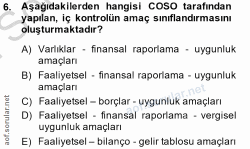 6. soru: Aşağıdakilerden hangisi COSO tarafindan yapılan, iç kontrolün amaç sınıflandırmasını oluşturmaktadır? A) Varlıklar -…