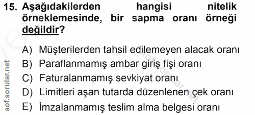 15. soru: Aşağıdakilerden hangisi nitelik örneklemesinde, bir sapma oranı örneği değildir? A) Müşterilerden tahsil edilemeyen a…