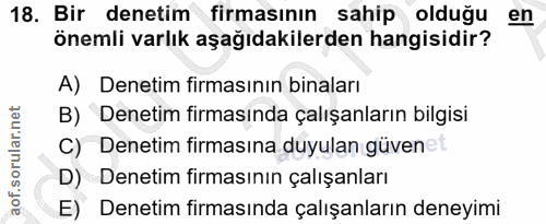 18. soru: Bir denetim firmasının sahip olduğu en önemli varlık aşağıdakilerden hangisidir? A) Denetim firmasının binaları B) De…