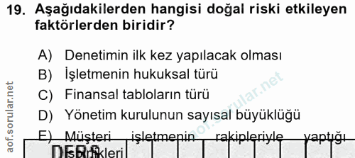 19. soru: Aşağıdakilerden hangisi doğal riski etkileyen faktörlerden biridir? A) Denetimin ilk kez yapılacak olması B) Işletmen…