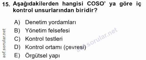 15. soru: Aşağıdakilerden hangisi COSO' ya göre iç kontrol unsurlarından biridir? A) Denetim yordamları B) Yönetim felsefesi D)…