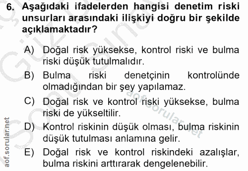 6. soru: Aşağıdaki ifadelerden hangisi denetim riski unsurları arasındaki ilişkiyi doğru bir şekilde açıklamaktadır? A) Doğal…