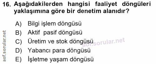 16. soru: Aşağıdakilerden hangisi faaliyet döngüleri yaklaşımına göre bir denetim alanıdır? A) Bilgi işlem döngüsü B) Aktif pas…