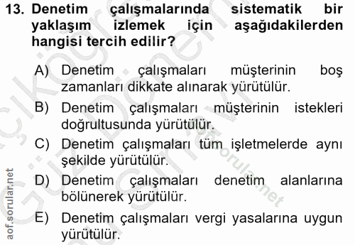 13. soru: Denetim çalışmalarında sistematik bir yaklaşım izlemek için › aşağıdakilerden hangisi tercih edilir? A) Denetim • çal…