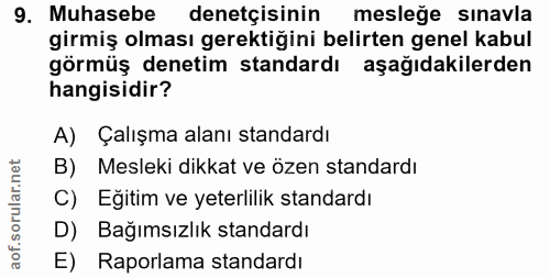 9. soru: Muhasebe denetçisinin mesleğe sınavla girmiş olması gerektiğini belirten genel kabul görmüş denetim standardı aşağıda…