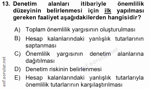 13. soru: Denetim alanları itibariyle önemlilik düzeyinin belirlenmesi için ilk yapılması gereken faaliyet aşağıdakilerden hang…