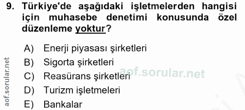 9. soru: Türkiye'de aşağıdaki işletmelerden hangisi için muhasebe denetimi konusunda özel düzenleme yoktur? A) Enerji piyasası…