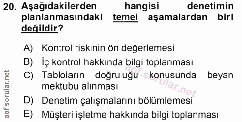 20. soru: Aşağıdakilerden hangisi denetimin planlanmasındaki temel aşamalardan biri değildir? A) Kontrol riskinin ön değerlemes…