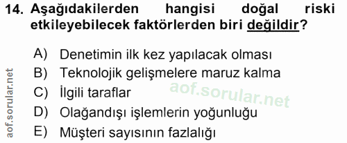 14. soru: Aşağıdakilerden hangisi doğal riski etkileyebilecek faktörlerden biri değildir? A) Denetimin ilk kez yapılacak olması…
