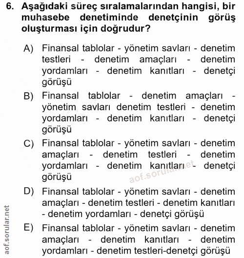 6. soru: Aşağıdaki süreç sıralamalarından hangisi, bir muhasebe denetiminde denetçinin görüş oluşturması için doğrudur? A) Fin…