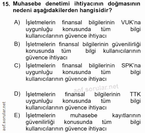 15. soru: Muhasebe denetimi ihtiyacının doğmasının nedeni aşağıdakilerden hangisidir? A) İşletmelerin finansal bilgilerinin VUK…