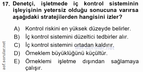 17. soru: Denetçi, işletmede iç kontrol sisteminin işleyişinin yetersiz olduğu sonucuna varırsa aşağıdaki stratejilerden hangis…