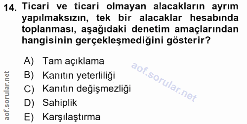 14. soru: Ticari ve ticari olmayan alacakların ayrım yapılmaksızın, tek bir alacaklar hesabında toplanması, aşağıdaki denetim a…