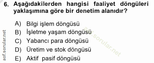 6. soru: Aşağıdakilerden hangisi faaliyet döngüleri yaklaşımına göre bir denetim alanıdır? A) Bilgi işlem döngüsü B) İşletme y…