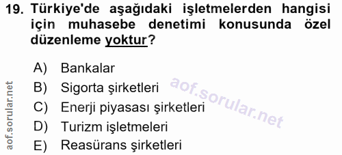 19. soru: Türkiye'de aşağıdaki işletmelerden hangisi için muhasebe denetimi konusunda özel düzenleme yoktur? A) Bankalar B) Sig…