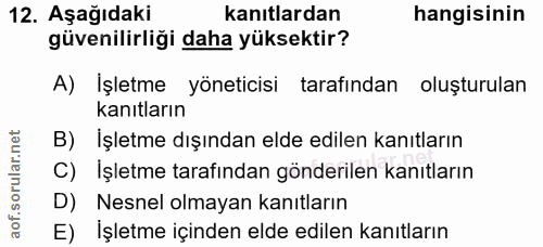 12. soru: Aşağıdaki kanıtlardan hangisinin güvenilirliği daha yüksektir? A) Işletme yöneticisi tarafından oluşturulan kanıtları…