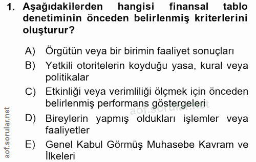 1. soru: Aşağıdakilerden hangisi finansal tablo denetiminin önceden belirlenmiş kriterlerini oluşturur? A) Örgütün veya bir bi…