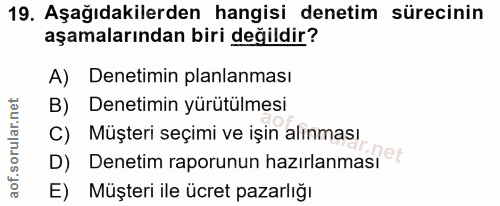 19. soru: Aşağıdakilerden hangisi denetim sürecinin aşamalarından biri değildir? A) Denetimin planlanması B) Denetimin yürütülm…