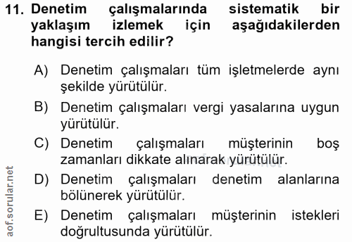 11. soru: Denetim çalışmalarında sistematik bir yaklaşım izlemek için aşağıdakilerden hangisi tercih edilir? A) Denetim çalışma…