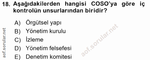 18. soru: Aşağıdakilerden hangisi COSO'ya göre iç kontrolün unsurlarından biridir? A) Orgütsel yapı B) Yönetim kurulu C) İzleme…