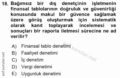 18. soru: Bağımsız bir dış denetçinin işletmenin finansal tablolarının doğruluk ve güvenirliği konusunda makul bir güvence sağl…