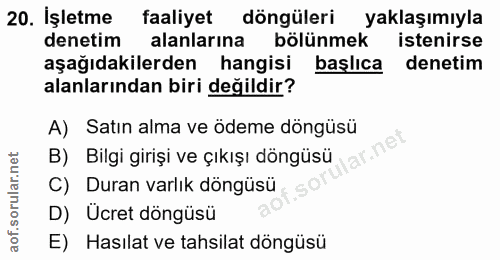 20. soru: İşletme faaliyet döngüleri yaklaşımıyla denetim alanlarina bölünmek istenirse aşağıdakilerden hangisi başlica denetim…