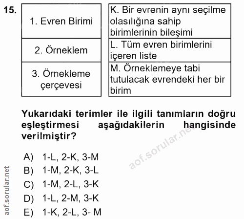 15. soru: K. Bir evrenin aynı seçilme 1. Evren Birimi olasılığına sahip birimlerinin bileşimi 2. Örneklem L. Tüm evren birimler…