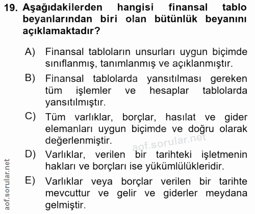 19. soru: Aşağıdakilerden hangisi finansal tablo beyanlarından biri olan bütünlük beyanını açıklamaktadır? A) Finansal tablolar…