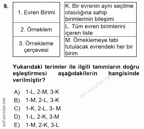 9. soru: K. Bir evrenin aynı seçilme 1. Evren Birimi olasıliğına sahip birimlerinin bileşimi 2. Örneklem L. Tüm evren birimler…