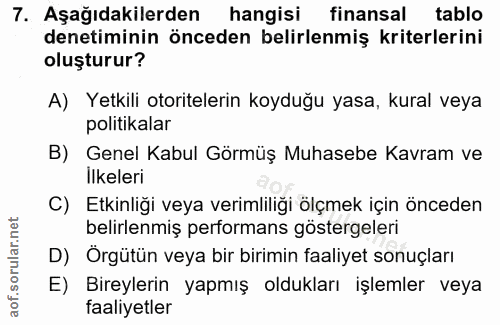 7. soru: Aşağıdakilerden hangisi finansal tablo denetiminin önceden belirlenmiş kriterlerini oluşturur? A) Yetkili otoriteleri…