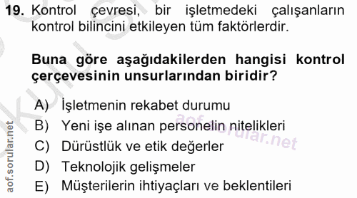 19. soru: Kontrol çevresi, bir işletmedeki çalışanların kontrol bilincini etkileyen tüm faktörlerdir. Buna göre aşağıdakilerden…