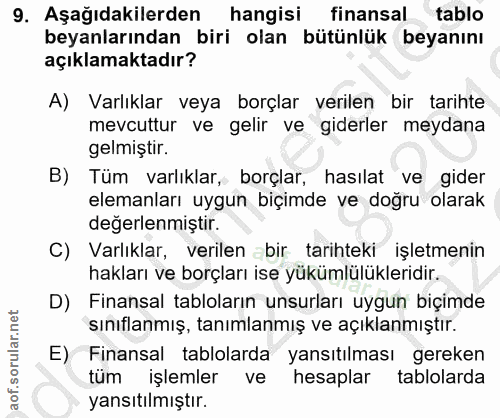 9. soru: Aşağıdakilerden hangisi finansal tablo beyanlarından biri olan bütünlük beyanını açıklamaktadır? A) Varlıklar veya bo…
