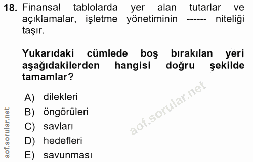 18. soru: Finansal tablolarda yer alan tutarlar ve açıklamalar, işletme yönetiminin -- niteliği taşır. Yukarıdaki cümlede boş b…
